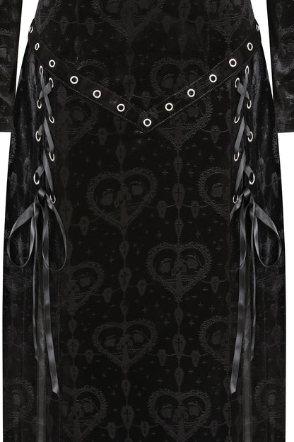 Full-length view of the Banned Amara Gothic Burnout Velvet Dress, exuding gothic glamour and femininity.