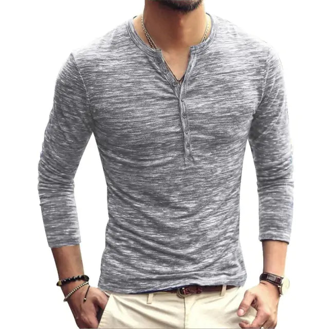 Men's Tee Shirt Button up V-Neck Long Sleeve