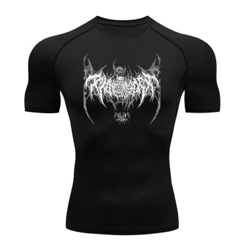 Stylish black compression shirt with distinctive graphics, combining fashion and function for fitness.