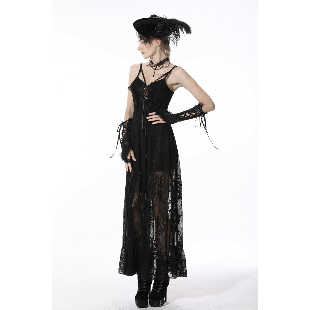Elegant Dark In Love black lace Drusilla maxi dress featuring intricate front lacing, showcasing a stunning silhouette perfect for formal occasions.