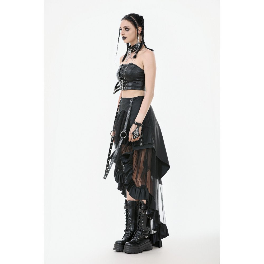 High-waisted mesh gothic skirt featuring dramatic asymmetrical design with ruffle trim and buckle straps, showcased in a luxurious black finish.