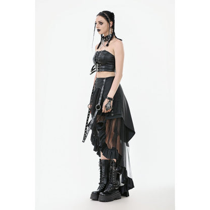 High-waisted mesh gothic skirt featuring dramatic asymmetrical design with ruffle trim and buckle straps, showcased in a luxurious black finish.