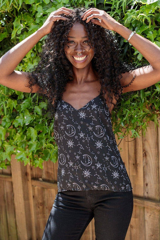 Elegant Moonprint Chiffon Strappy Cami Vest Top featuring a delicate celestial print of stars and moons by Kate's Clothing, perfect for enhancing an alternative wardrobe.