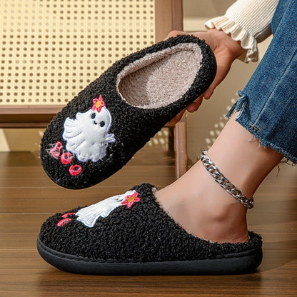 Luxurious Plush Black Ghost Cartoon Slippers for Halloween showcasing the front view, highlighting the soft texture and charming design with ghost embroidery.