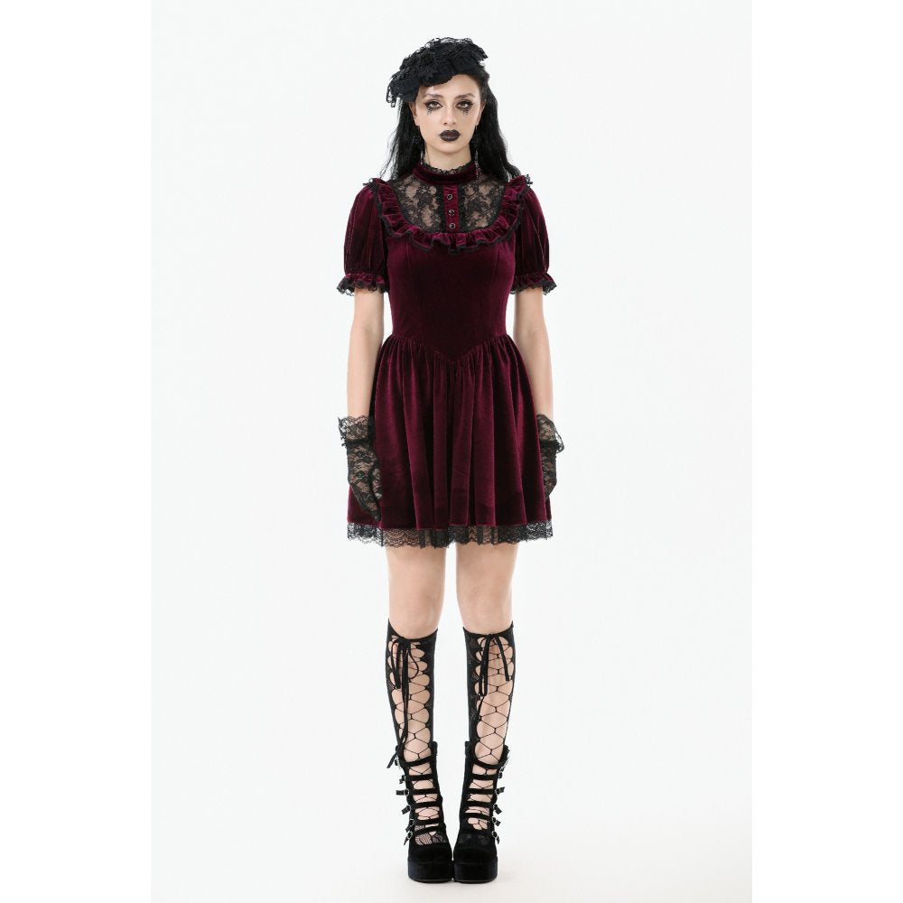 Ophelia Lace Collar Burgundy Velvet Goth Dress showcasing rich burgundy colour with contrasting black lace trim, embodying gothic romance elegance.