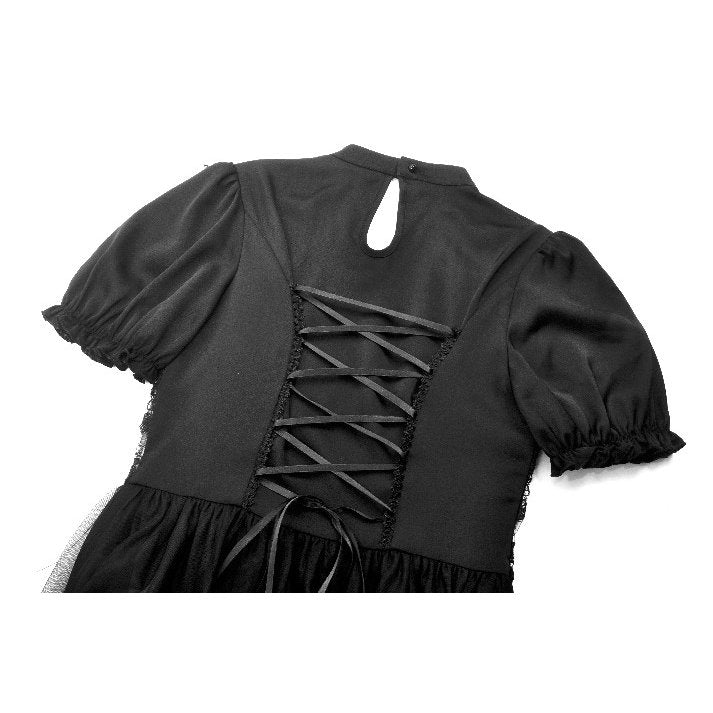 Elegant Dark in Love Ebon Rose High-Low Mesh and Lace Gothic Dress featuring puff sleeves and ruffled neckline, showcasing its intricate lace detailing and flowing skirt.