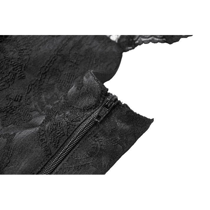 Close-up of the square neckline of the Dark in Love Seraphina Black Ruched Lace Blouse showcasing delicate lace trim and luxurious satin fabric.