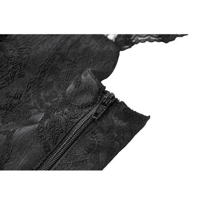 Close-up of the square neckline of the Dark in Love Seraphina Black Ruched Lace Blouse showcasing delicate lace trim and luxurious satin fabric.