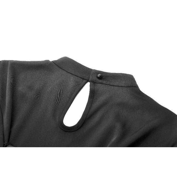 Full-length display of the Dark in Love Ebon Rose High-Low Dress on a model, demonstrating the ethereal floating mesh fabric and elegant high-low hemline.