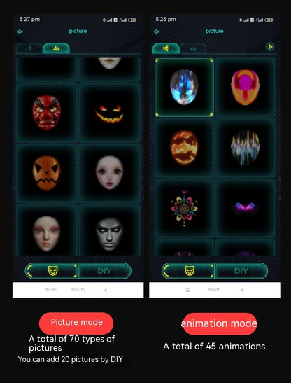 Innovative app-controlled Face Changing Glowing Mask with customizable graphics and animations, representing luxury and entertainment for festive occasions from Dazzling Dreams Studio.