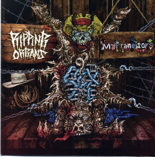 Ripping Organs and Maraneitors Split CD featuring goregrind genre music by Rancid Offal Records, showcasing vibrant album art with unique track titles from Mexico.