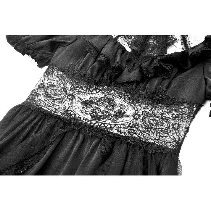 Close-up view of the sheer lace waist panel of the Dark in Love Ebon Rose Gothic Dress, highlighting its delicate craftsmanship and gothic allure.