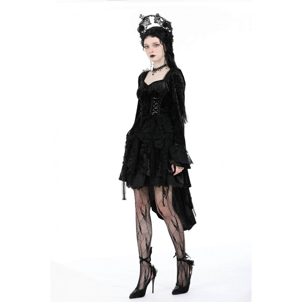 Luxurious Dark in Love Seraphina Velvet Lace Goth Dress featuring a corset bodice and high-low hem, perfect for gothic soirées.