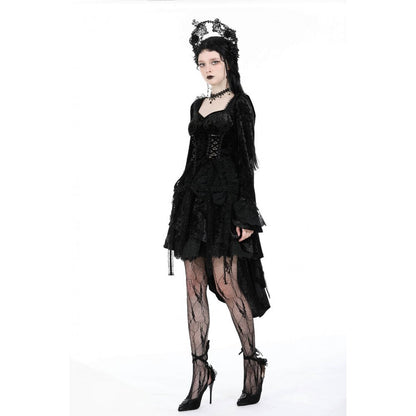 Luxurious Dark in Love Seraphina Velvet Lace Goth Dress featuring a corset bodice and high-low hem, perfect for gothic soirées.