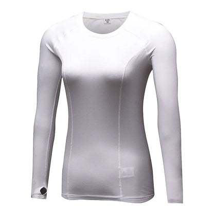 Sophisticated women's compression long sleeve shirt in sleek white, perfect for workouts or casual wear, combining style and functionality.