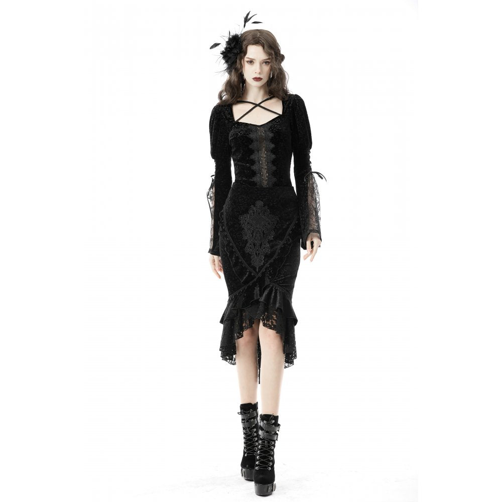 Elegant Dark In Love Velvet Fishtail Midi Skirt with Lace Applique showcased on a model, perfect for evening wear.