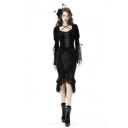 Elegant Dark In Love Velvet Fishtail Midi Skirt with Lace Applique showcased on a model, perfect for evening wear.