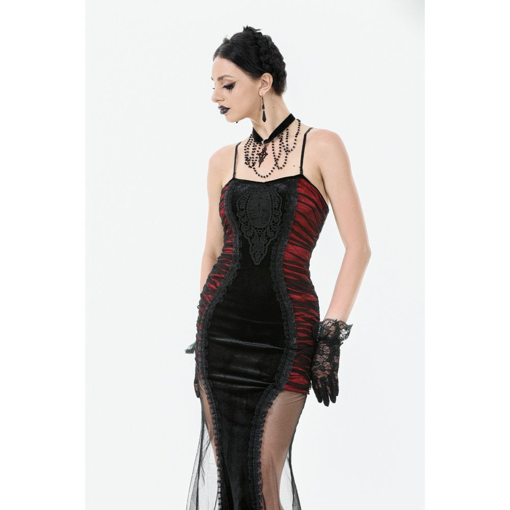 Full view of the Lilith Red and Black Gothic Gown on a model, highlighting the hourglass silhouette and adjustable straps.