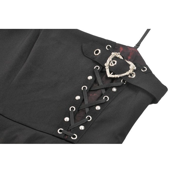 Chic display of the complete Dark in Love Nyssa Mini Dress ensemble styled with fishnet tights and chunky boots for a bold gothic look.