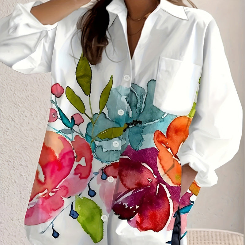 Stylish Women's Notch Lapel Long Sleeve Blouse adorned with a stunning Floral Print, perfect for a refined Spring&Fall ensemble.
