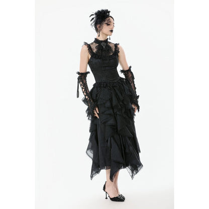 Full view of the Dark in Love Seraphina Black Ruched Lace Blouse with cascading ruching, highlighting its flattering silhouette and romantic gothic style.