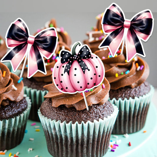 Halloween Pumpkin Bow Inserts - Charming pink pumpkin and bow cake decorations by Dazzling Dreams Studio, perfect for elegant Halloween-themed desserts.