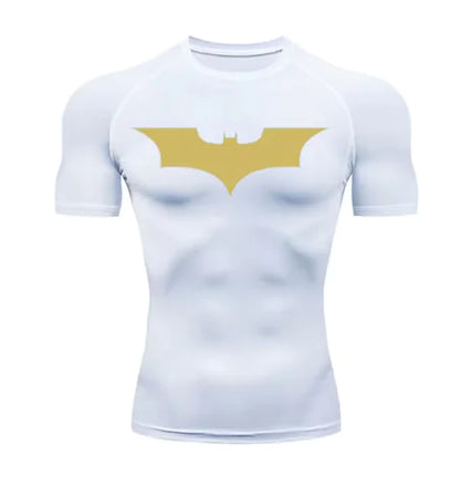 Luxurious white men's long sleeve compression shirt featuring an elegant gold bat logo, designed for ultimate comfort and UV sun protection.