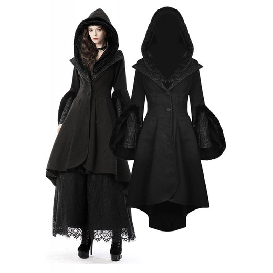 Elegant Black Rivendell Coat by Dark In Love featuring an oversized detachable hood and luxurious faux fur trim, perfect for a chic winter look.