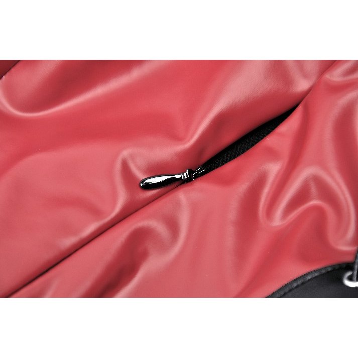 Model wearing the Dark in Love Ishtar red and black faux leather maxi dress, embodying confidence and elegance.