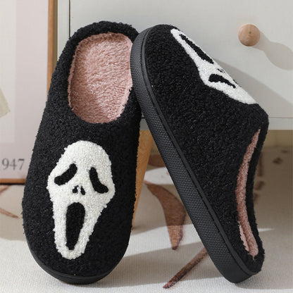 Exquisite Halloween Skull Cartoon Print Slippers displayed elegantly, showing off the rich texture and playful design, perfect for sophisticated indoor lounging.