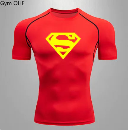 Vibrant red compression T-shirt for men displaying a bold Superman logo, crafted for ultimate comfort and style during workouts.