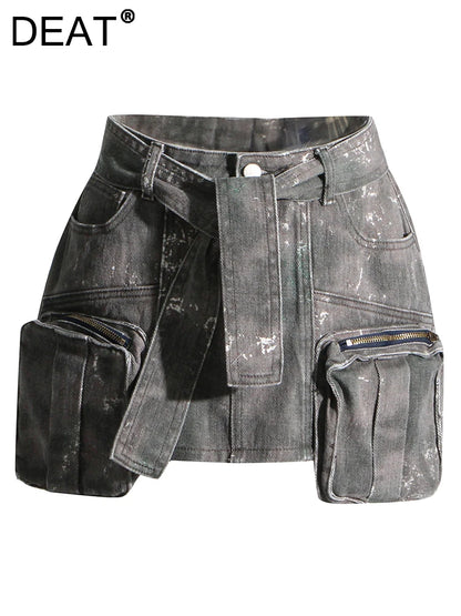Luxury DEAT Women's Distressed Denim Skirt with Lace-Up Belt and Camouflage Design by Dazzling Dreams Studio, showcasing contemporary style and meticulous craftsmanship perfect for Spring 2024.