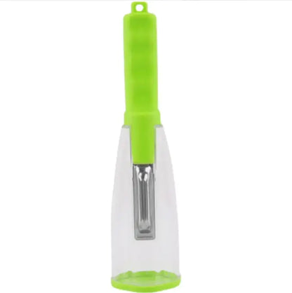 Striking green multifunctional stainless storage peeler with a clear body, displayed in a luxurious context, accentuating its elegance and practicality.