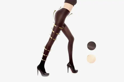 FadFashion Women's Ultimate Super Elastic Stockings in a chic black style, accentuated with stylish embellishments. Designed for versatility, these stockings are perfect for any occasion, embodying luxury and sophistication.