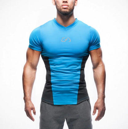 Luxury Quick-Dry Compression T-Shirt in vibrant blue, featuring a modern V-neck design, ideal for athletic performance and stylish training.