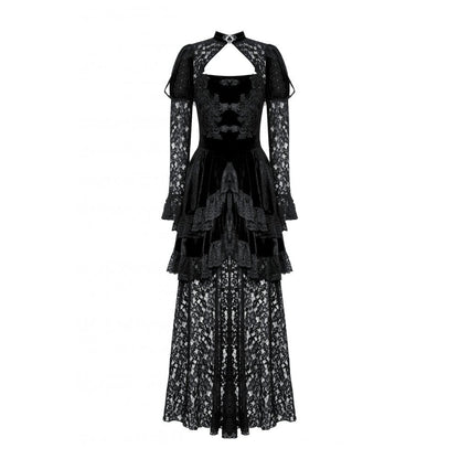 Model wearing the Gothic Velvet Lace Princess Gown in Onyx, highlighting its alluring design and enchanting vibe for a dark romantic look.