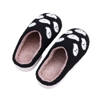 Halloween Funny Spider Ghost Scary Flat Indoor House Shoes for Women Men in plush material, featuring cartoon ghost designs, perfect for cozy autumn nights.