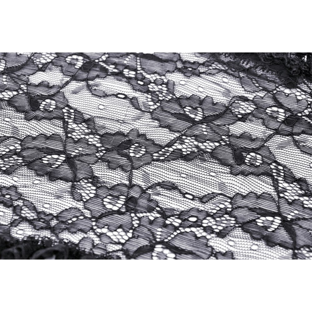 Elegant open front Dark in Love Belladonna Lace Shrug with flowing bell sleeves, adding a romantic layering touch to a gothic or fantasy-inspired outfit.