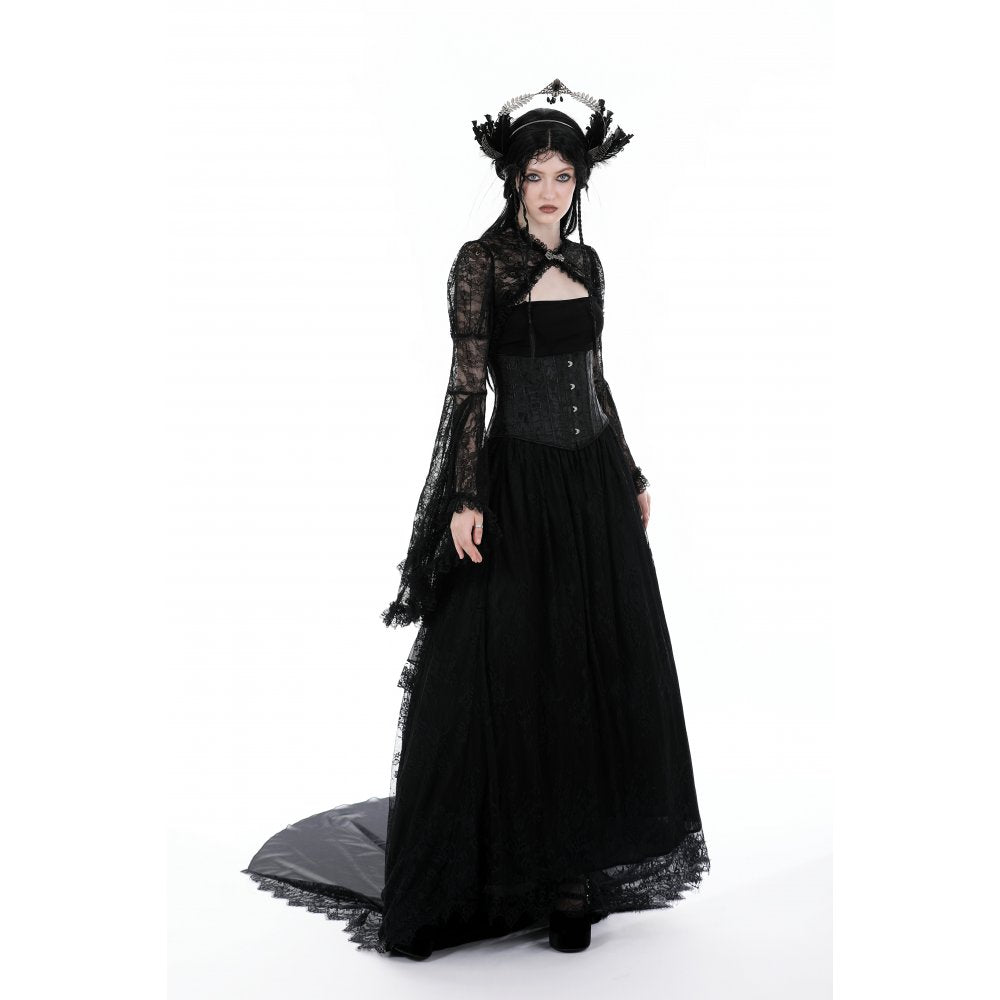 Elegant Black Gothic Shrug featuring delicate floral lace with bell sleeves, perfect for alternative fashion layering.