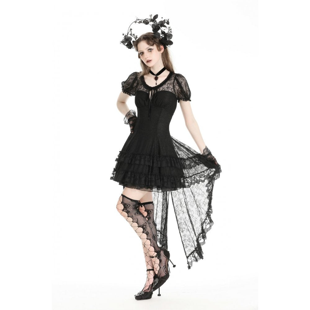 Elegant Dark in Love Merida Lace Tail Dress featuring delicate velvet ribbon ties and intricate lace details.