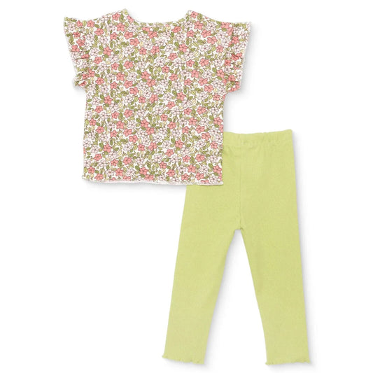 HelloBaby Girls Blouse-Leggings Flower Pastel Dreams Crew Neck Long Leg Short Sleeve - Ecru Printed