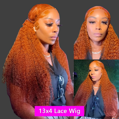 Showcase of the Orange Ginger Deep Wave Wig's beautiful curls and rich colour, perfect for enhancing your luxurious hairstyle.