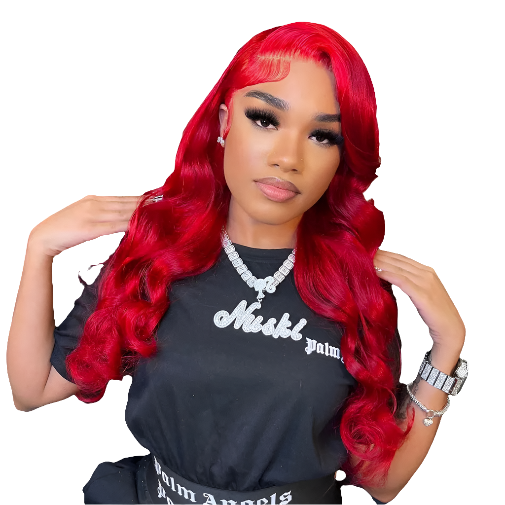 Ubest 13X6 Body Wave Transparent Lace Front Wig in luxurious long 26+ inch Red 99J Brazilian Remy Hair, showcasing its elegant body wave texture and seamless lace finish.