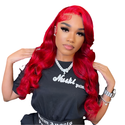Ubest 13X6 Body Wave Transparent Lace Front Wig in luxurious long 26+ inch Red 99J Brazilian Remy Hair, showcasing its elegant body wave texture and seamless lace finish.