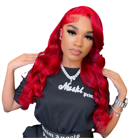 Ubest 13X6 Body Wave Transparent Lace Front Wig in luxurious long 26+ inch Red 99J Brazilian Remy Hair, showcasing its elegant body wave texture and seamless lace finish.