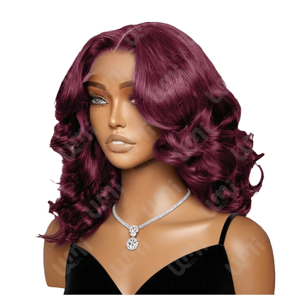 Luxury short bob lace frontal human wig in rich burgundy 99J colour, showcasing body wave texture and high 200% density for a natural look.