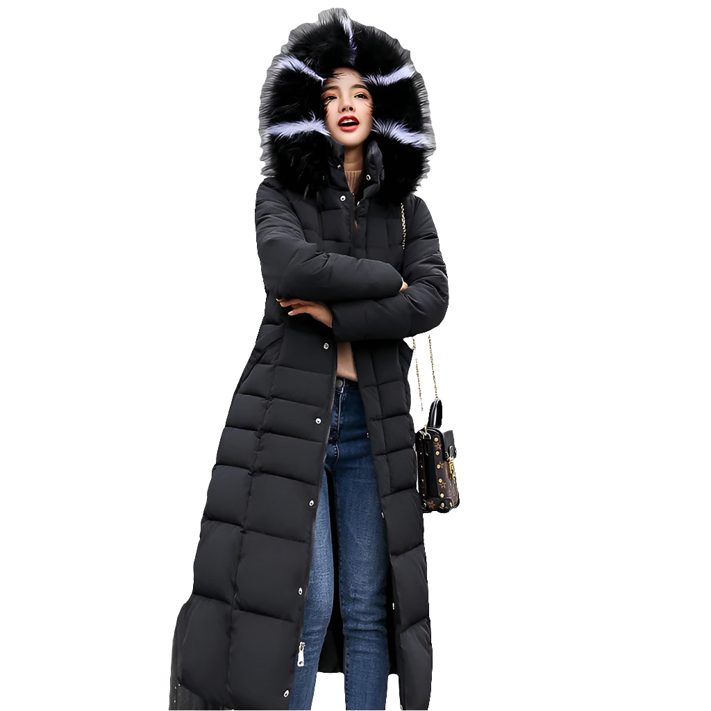 Elegant women's luxury thick cotton padded parka jacket with hood, showcasing a slim fit design for a warm and stylish winter look.