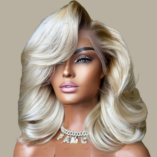 Luxury preplucked Brazilian body wave HD lace frontal wig featuring 13x4 rooted colour. Glueless design made from 100% unprocessed Remy human hair, offering a natural look and comfortable fit.