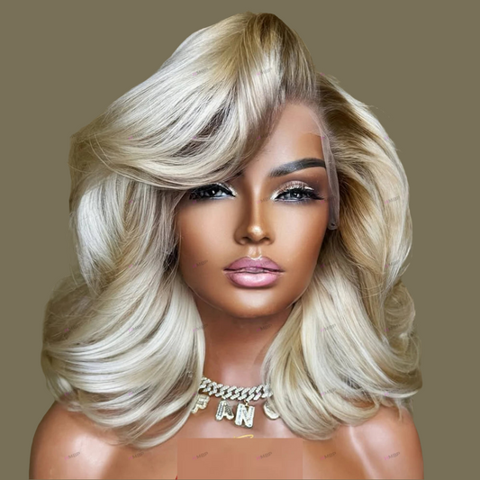 Luxury preplucked Brazilian body wave HD lace frontal wig in rooted colour, showcasing its glueless design and premium human hair texture.