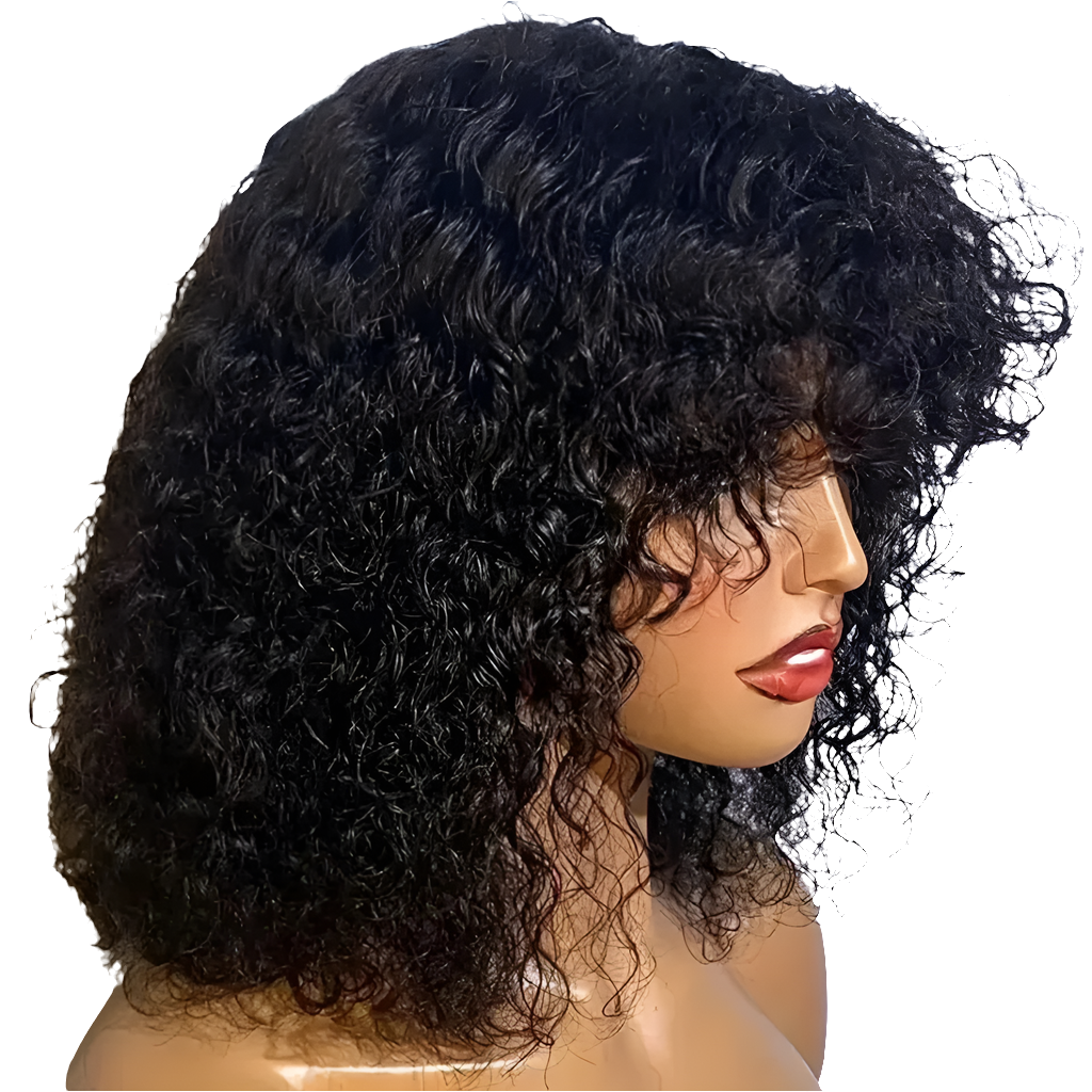 Luxury Brazilian Jerry Curl Bob Wig with Bangs, high-quality Remy human hair for black women, 4-16 inch short length, perfect for elegant styling.